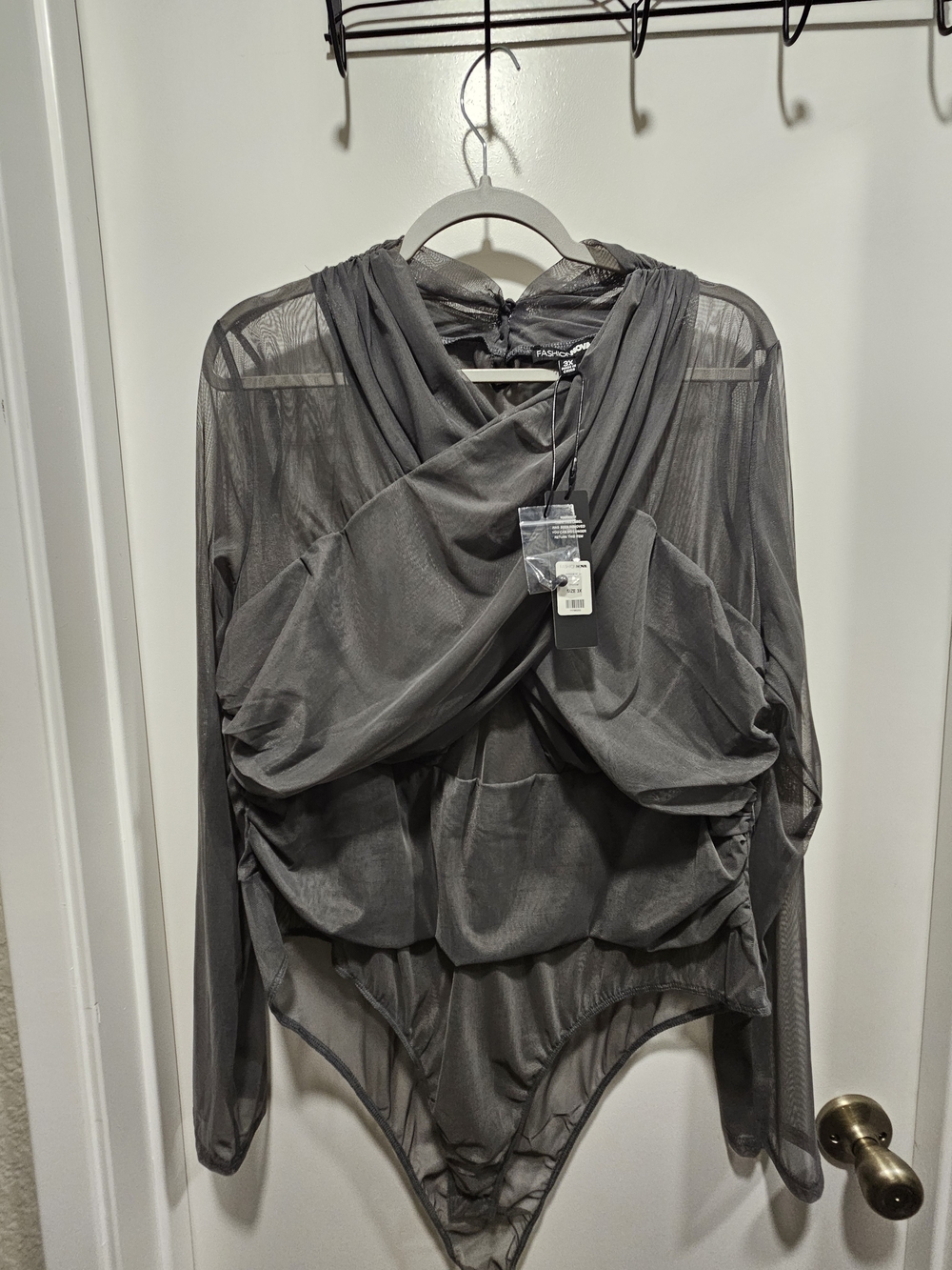Fashion Nova Gray Sheer Draped Long-Sleeve Bodysuit